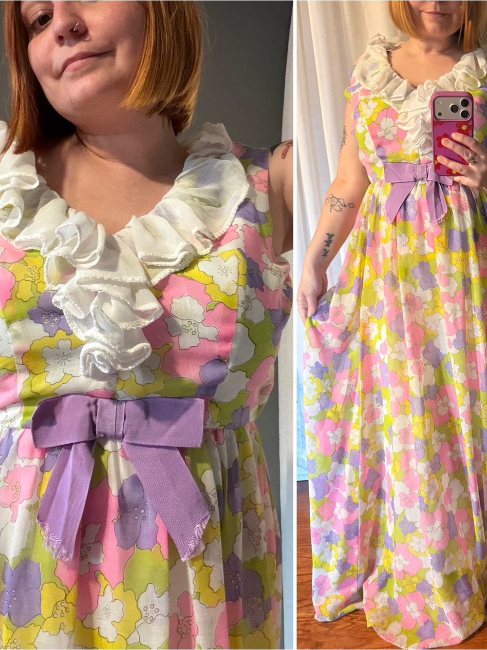 Vintage 70s Pastel Floral Maxi Dress